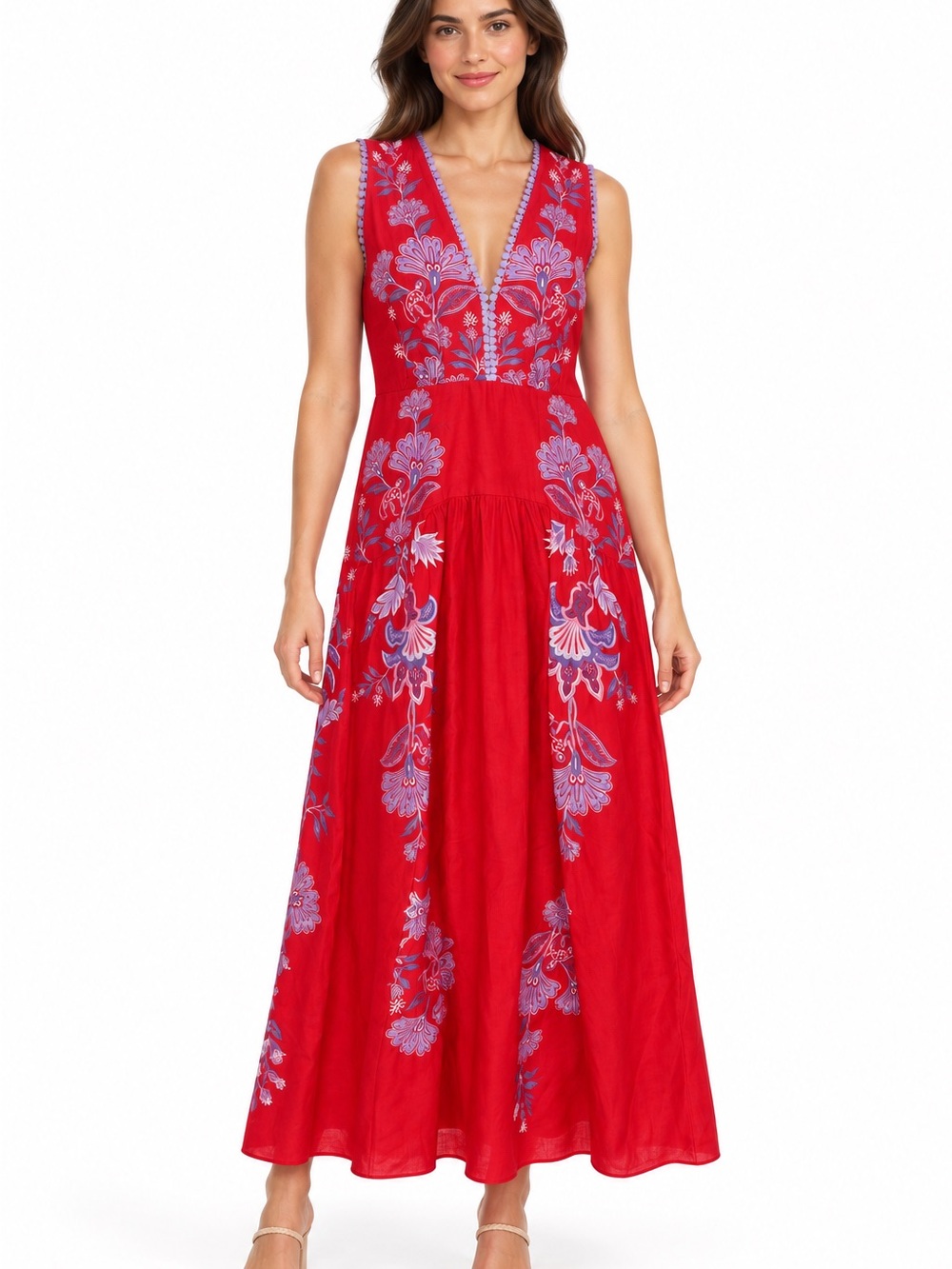 ARM Rio Red Purple Floral Print Maxi Dress Medium V Neck Boho Resort